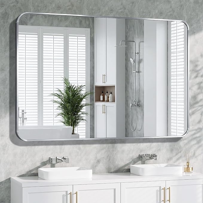 Bathroom Mirror, 30X55 Brushed Black Metal Framed Wall-Mounted Mirror for Over Sink, HD Tempered Glass, Anti-Rust, Rounded Rectangle Mirror for Restroom, Bedroom, Hangs Horizontal or Vertical, Silver