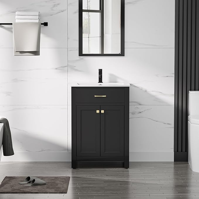 LUCKWIND 24" Bathroom Vanity with Sink Combo, Painted Modern Bathroom Storage Cabinet with Ceramic Sink, Two Doors, Include Faucet Without Mirror, Black