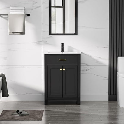 LUCKWIND 24" Bathroom Vanity with Sink Combo, Painted Modern Bathroom Storage Cabinet with Ceramic Sink, Two Doors, Include Faucet Without Mirror, Black
