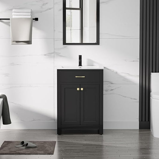 LUCKWIND 24" Bathroom Vanity with Sink Combo, Painted Modern Bathroom Storage Cabinet with Ceramic Sink, Two Doors, Include Faucet Without Mirror, Black