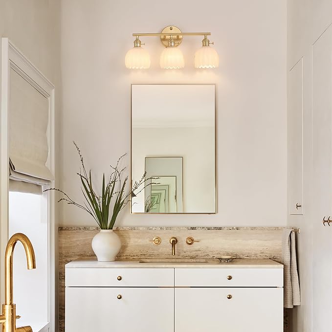 Bathroom Light Fixtures, 3-Light Brass Vanity wall Light Over Mirror with White Tulip Glass Shade for Bedroom Living Room (Bulb Not Included)