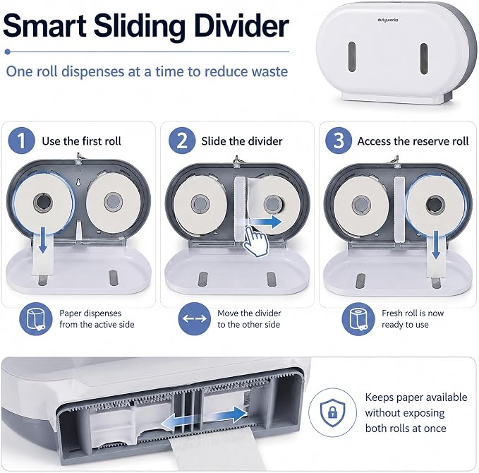Commercial Double Roll Toilet Paper Dispenser Wall Mount | Holds Rolls up to 9 in, Lockable, Visible Window, Sliding Divider, No-Drill Installation, Heavy Duty ABS