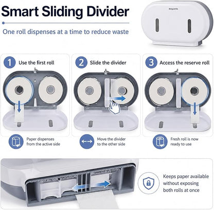 Commercial Double Roll Toilet Paper Dispenser Wall Mount | Holds Rolls up to 9 in, Lockable, Visible Window, Sliding Divider, No-Drill Installation, Heavy Duty ABS