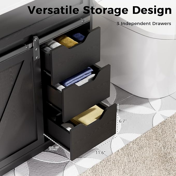 30" Bathroom Vanity with Sink, Bathroom Vanity Set with Sliding Barn Door & 3 Drawers, Freestanding Bathroom Vanities with Metal Handle, Farmhouse Bathroom Cabinet, Black