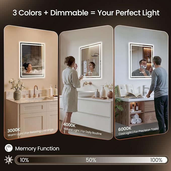 24x30 LED Bathroom Mirror with Anti-Fog, Backlit & Front Lit, Memory | Stepless Dimmable 3 Color CRI 95+ Shatterproof Tempered Glass ETL Listed for Safety Lighted Bathroom Vanity Mirror for Wall