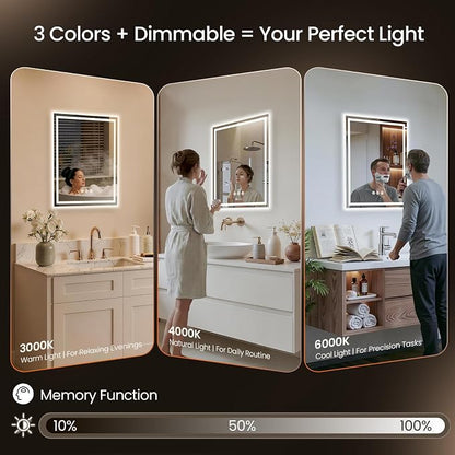 24x30 LED Bathroom Mirror with Anti-Fog, Backlit & Front Lit, Memory | Stepless Dimmable 3 Color CRI 95+ Shatterproof Tempered Glass ETL Listed for Safety Lighted Bathroom Vanity Mirror for Wall