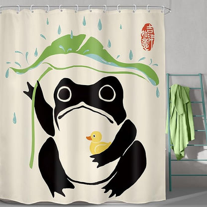LGhtyro Funny Frog Shower Curtain Bathroom Set 71Wx84H Inches Asian Traditional Art Japanese Duck Extra Long Bath Accessories Cute Animal Taking Lotus Leaf Rain Art Home Decor Fabric 12 Pack Hooks