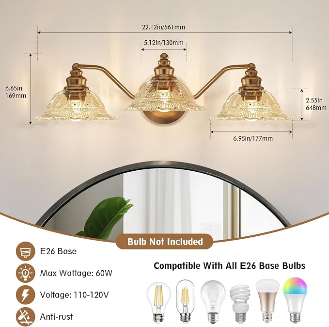 Redluck Vintage Bathroom Vanity Light Fixture, 3-Light Bathroom Lighting Fixtures Over Mirror, Antique Brass Finish with Amber Crystal Glass Shade, Wall Sconces Lighting for Bedroom, Living Room