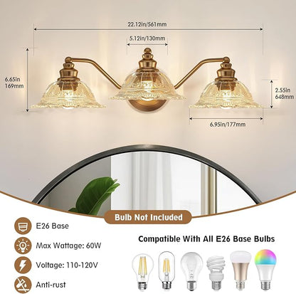 Redluck Vintage Bathroom Vanity Light Fixture, 3-Light Bathroom Lighting Fixtures Over Mirror, Antique Brass Finish with Amber Crystal Glass Shade, Wall Sconces Lighting for Bedroom, Living Room