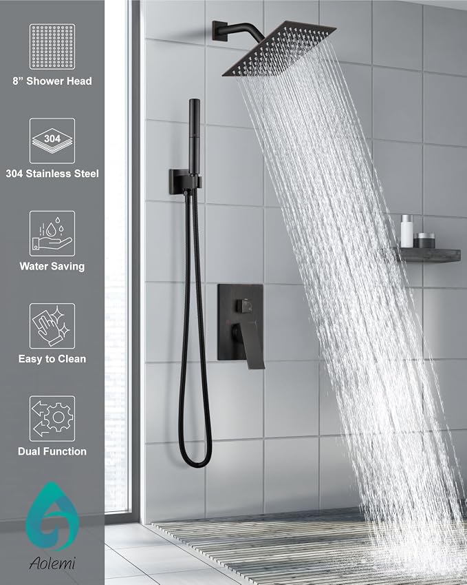 Aolemi Shower System with Rain Head and Handheld,8-Inch,Bronze | High-Pressure Shower Faucet Set with Dual-Function Handheld,Rough-In Valve,1.8 GPM,Wall-Mount Trim Kit