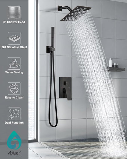Aolemi Shower System with Rain Head and Handheld,8-Inch,Bronze | High-Pressure Shower Faucet Set with Dual-Function Handheld,Rough-In Valve,1.8 GPM,Wall-Mount Trim Kit