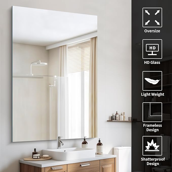 CILIBER Frameless Mirror, 60x40 Mirrors for Wall, Large Bathroom Mirror for Over Sink, Rectangle Frameless Vanity Mirror with Polished Edge, 3mm Tempered Glass, Hangs Horizontally or Vertically