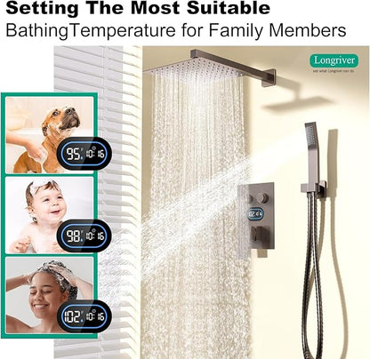 Push Button Diverter Shower Faucet Set Hydro Power Temperature Display, Shower System 12 Inches Shower Head with Handheld Spray, Wall Mounted Shower Fixtures with Valve and Trim Kit, Oil Rubbed Bronze