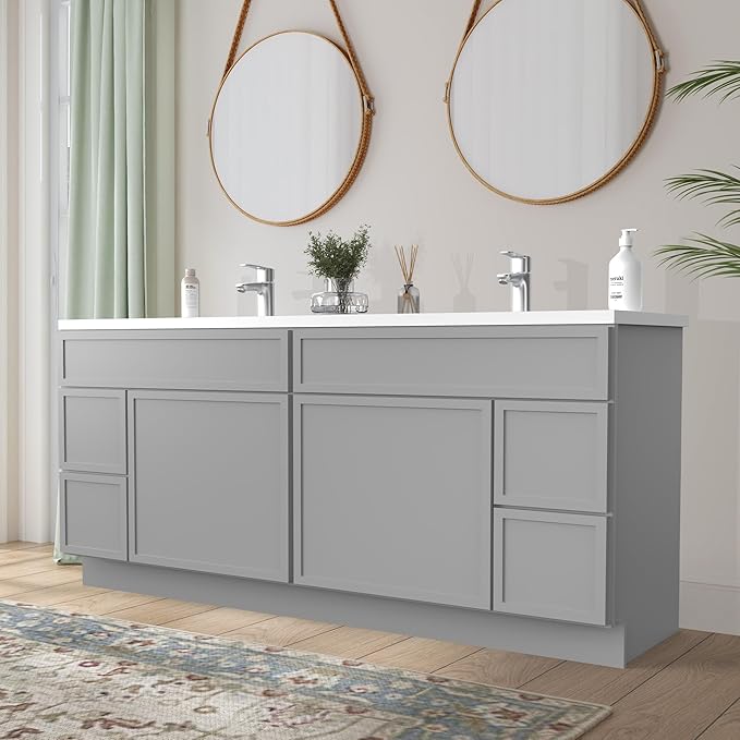 HomeBeyond 72 Inches Bathroom Vanity Base Cabinet Without Sink, Double Sink Top with Door & Soft Closing Drawers, Sturdy Floor Mounted Cabinet 2-Door 4-Drawer, Grey