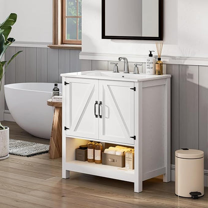 30" Bathroom Vanity with Sink, Modern Bathroom Cabinet with LED Light, Bathroom Vanity Set, Double Soft Closing Cabinet Door with Organizer, White