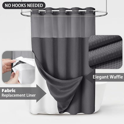 No Hook Shower Curtain with Liner Set Hotel Waffle Dark Grey 72W X 81L | Washable Snap in Fabric Liner, Mesh Top Window, Waffle Hotel Style Shower Curtain Set