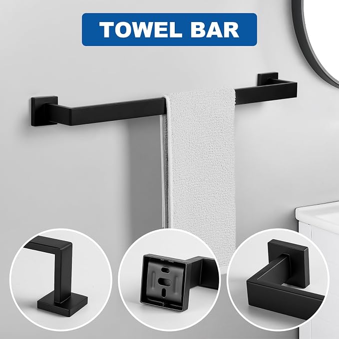 Cilee 10-Pieces Matte Black Bathroom Hardware Set, 24 inch Towel Bar Set | Towel Bar, Square Towel Ring Toilet Paper Holder Towel Hook, Bathroom Accessories Wall-Mounted Stainless Steel Towel Rack Set