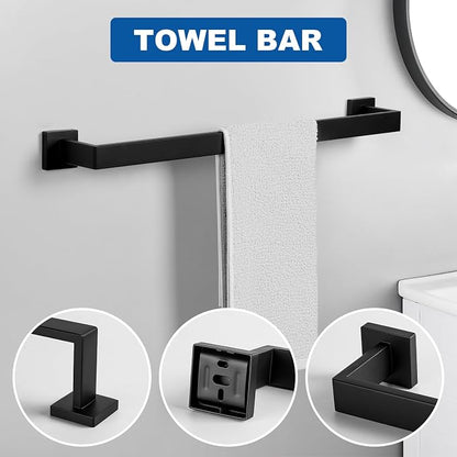 Cilee 10-Pieces Matte Black Bathroom Hardware Set, 24 inch Towel Bar Set | Towel Bar, Square Towel Ring Toilet Paper Holder Towel Hook, Bathroom Accessories Wall-Mounted Stainless Steel Towel Rack Set