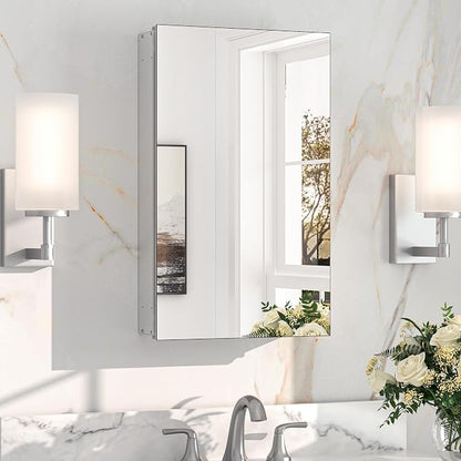 Keonjinn Medicine Cabinet Mirror for Bathroom 14"x24", Adjustable Shelves | Assembly Required, Wall Mount or Recessed, Safe HD Tempered Glass Mirrors, Soft Close with DTC Hinges, Lightweight, Silver