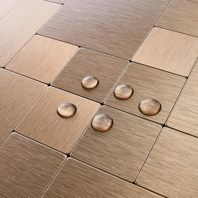 DICOFUN 1 Sheet Copper Peel and Stick Tile Backsplash, Stainless Steel Kitchen Metal Backsplash Tile, Stick on Backsplash for Stove, Brushed Gold