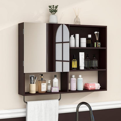 Bathroom Wall Cabinet, Medicine Cabinet, with Mirror & Towel Bar, Espresso
