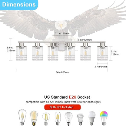 YYT 6-Light Bathroom Vanity Light Brushed Nicekl 6 Light Vanity Lights for Bathroom Light Fixtures Brushed Nicekl with Clear Glass Shade E26 Scoket