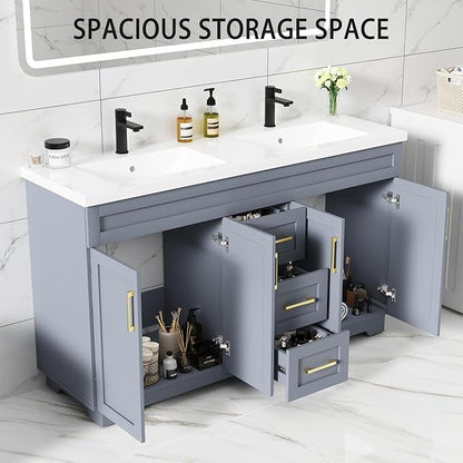 60 Inch Bathroom Vanity with Sink,Modern Solid Wood Bathroom Storage Vanity w/Undermount Double Sink, Quick Assemble Cabinet w/Soft Closing Doors & Full Extension Drawers,Grey