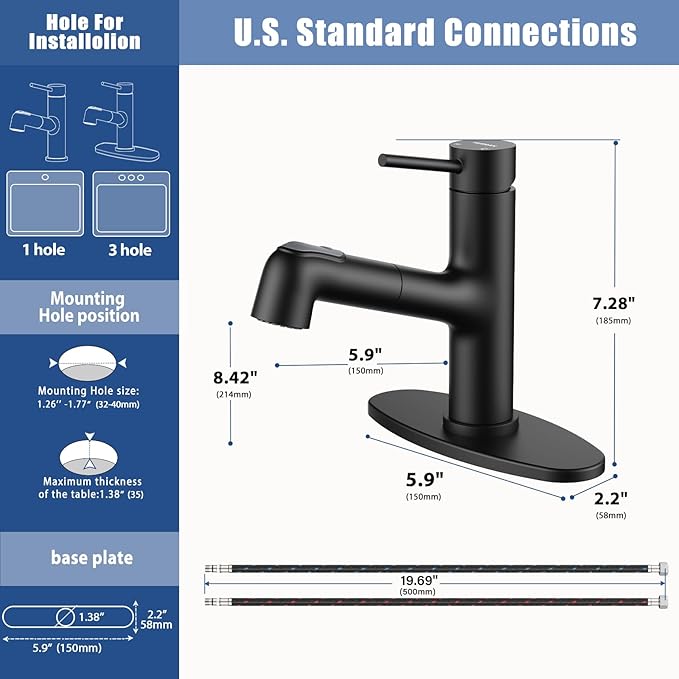 HURRAN Pull Out Bathroom Faucet, Single Handle Basin Mixer Tap with 2 Modes, Utility Sink Faucet with Deck Plate, Stainless Steel, Matte Black
