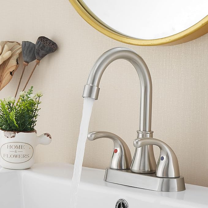Bathroom Sink Faucet FRANSITON 4 Inch Faucet 2 Handle Bathroom Sink Faucets Lead-Free Brushed Nickel Bath Sink Faucets with Pop-up Drain Stopper and Supply Hoses