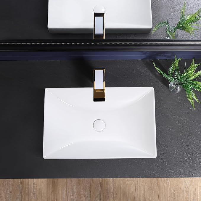 Semi Recessed Bathroom Sink 23"x15" Drop-in Vessel Sink White Porcelain Ceramic Modern Rectangular Sinks Basin Vanity Sinks with Overflow for Bathrooms