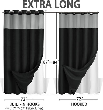 No Hook Shower Curtain and Liner Set,Black Hotel Waffle Shower Curtain with Liner 87" L x 72" W