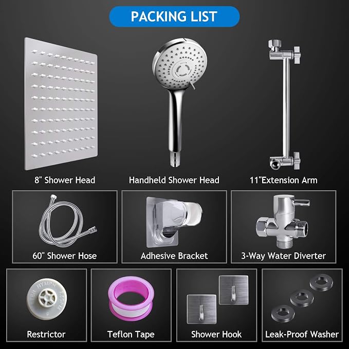 Shower Head Combo,8 Inch High Pressure Rain Shower Head with 11 Inch Adjustable Extension Arm and 5 Settings Handheld Shower Head Combo,Powerful Shower Spray Against Low Pressure Water with Long Hose