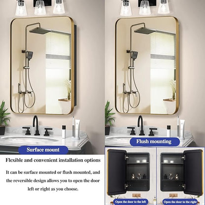 16" x 20" Bathroom Medicine Cabinet with Mirror Door, Brush Gold Stainless Steel Frame, Recessed or Surface Mounted,Storage Cabinet with Adjustable Metal Shelves,Upgraded Version