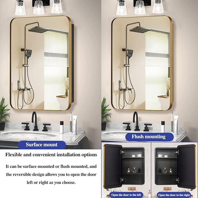 24" x 36" Bathroom Medicine Cabinet with Mirror Door, Brush Gold Stainless Steel Frame, Recessed or Surface Mounted,Storage Cabinet with Adjustable Metal Shelves,Upgraded Version