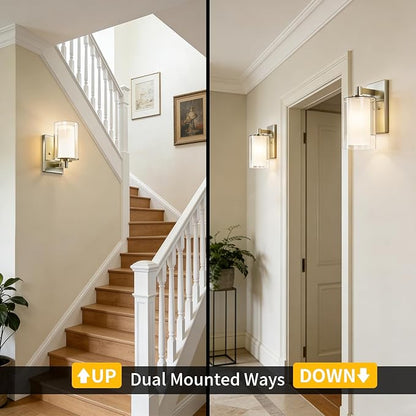 Wall Sconces Set of Two, Modern Brushed Nickel Vanity Wall Lights | Double Clear Glass Shades With E26 Base, Farmhouse Wall Lights For Bathroom, Bedroom, Living Room, Mirror And Hallway.