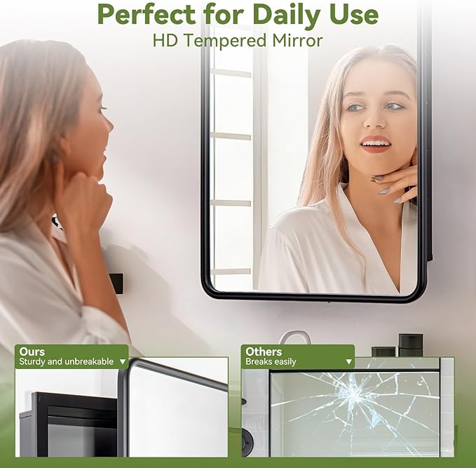 16 x 24 Black Bathroom Medicine Cabinet with Mirror Metal Frame Recessed Or Wall Mounted Single Door Storage Medicine Cabinets with Adjustable Shelves Rounded Corner Beveled Mirrors