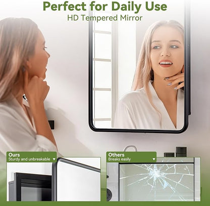 16 x 24 Black Bathroom Medicine Cabinet with Mirror Metal Frame Recessed Or Wall Mounted Single Door Storage Medicine Cabinets with Adjustable Shelves Rounded Corner Beveled Mirrors