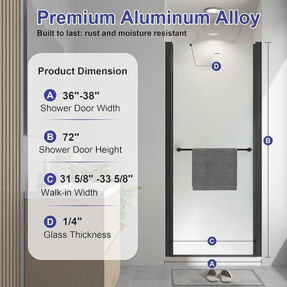 36"-38" W x 72" H Frameless Pivot Frosted Shower Door Matte Black | 1/4"(6mm) SGCC Tempered Glass with Explosion-Proof Film &Nano Coating,Customizable Width