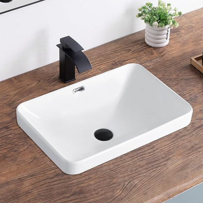 Bathroom Vessel Sink 21.6" X 14.3" Semi Recessed Bathroom Sink Rectangular Drop In Bathroom Sinks with Overflow White Ceramic Vessel Sinks for Bathroom Modern Above Counter Basin Vanity Sink