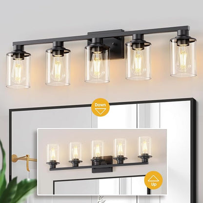 L LOHAS LED 5-Light Bathroom Light Fixtures Over Mirror, Black Bathroom Vanity Lights with Clear Glass Shade, Modern Vanity Lights for Bathroom Living Room Hallway Bedroom | Clear Glass Shades; Modern Light Fixture for Bathrooms, Living Rooms, Hallways...