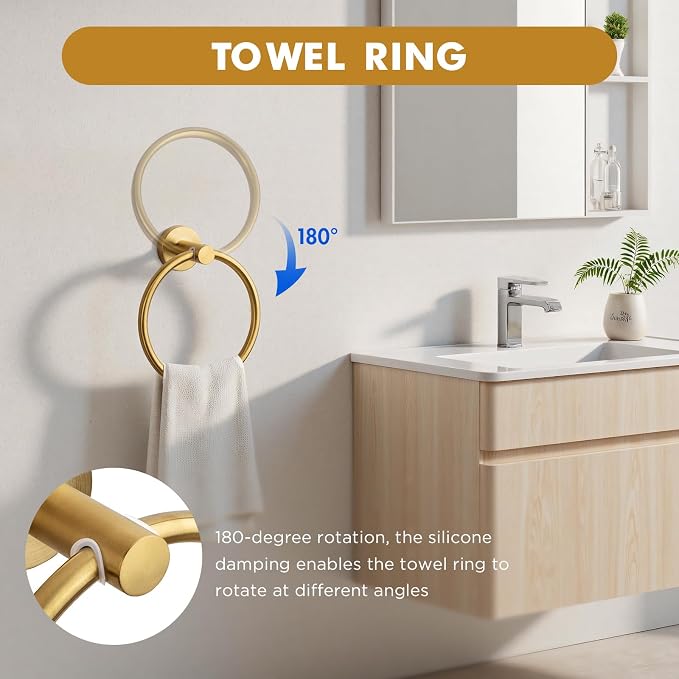 Gorlary Gold Bathroom Accessories, Bathroom Hardware Set Wall Mounted | 24” Towel Bar, Towel Ring Holder, Toilet Paper Holder and 3 Towel Hooks