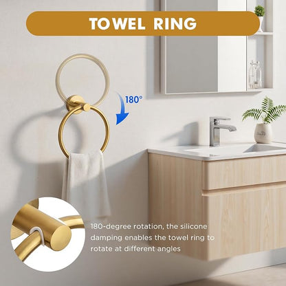 Gorlary Gold Bathroom Accessories, Bathroom Hardware Set Wall Mounted | 24” Towel Bar, Towel Ring Holder, Toilet Paper Holder and 3 Towel Hooks