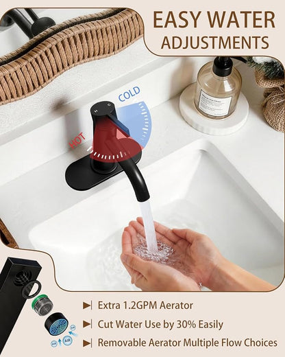 Matte Black Bathroom Faucet Single Hole with Pop-Up Bathroom Drain and Flexible Hoses Single Handle Bathroom Sink Faucet w/Deck Plate(1 or 3 Hole) for Vanity Sinks, RV, Farmhouse