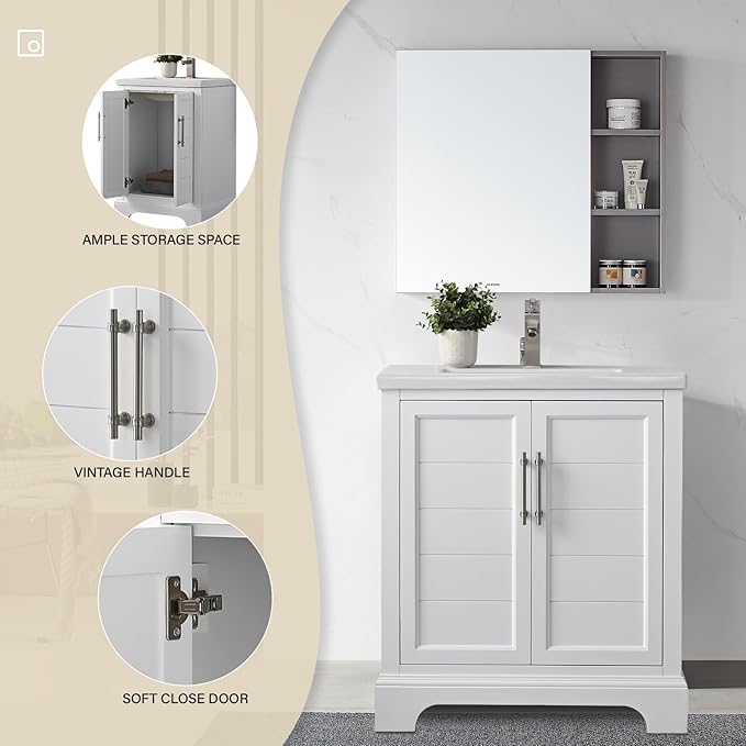 HOMEBEYOND 30 Inch Bathroom Vanity with Single Sink & Ceramic Top, Vanity Cabinet with Center Countertop Basin, Soft-Closing Doors,White