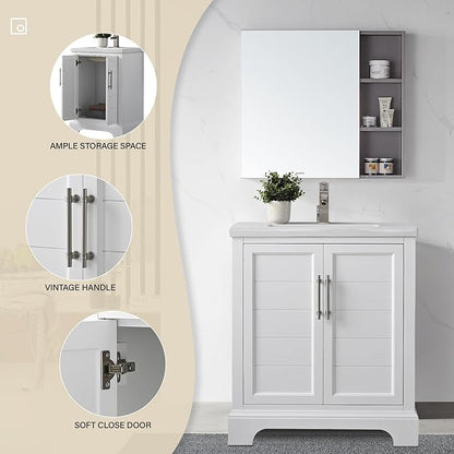 HOMEBEYOND 30 Inch Bathroom Vanity with Single Sink & Ceramic Top, Vanity Cabinet with Center Countertop Basin, Soft-Closing Doors,White