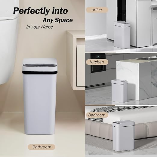 FRESHLIX Bathroom Trash Can 2.6 Gallon Automatic Small Garbage Can with Lid, Slim Motion Sensor Plastic Narrow Trash Bin for Bedroom, Kitchen, Office (A-Basic Battery Supply-Grey, 1 Pack(2.6 Gallon))