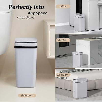 FRESHLIX Bathroom Trash Can 2.6 Gallon Automatic Small Garbage Can with Lid, Slim Motion Sensor Plastic Narrow Trash Bin for Bedroom, Kitchen, Office (A-Basic Battery Supply-Grey, 1 Pack(2.6 Gallon))