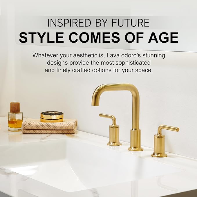 Brushed Gold Bathroom Faucet 3 Hole, Solid Brass Bath Faucet | 8 Inch Widespread Bathroom Faucet Brass Gold 2 Handle Bathroom Sink Faucet with Drain Assembly Supply Line, BF503-SG