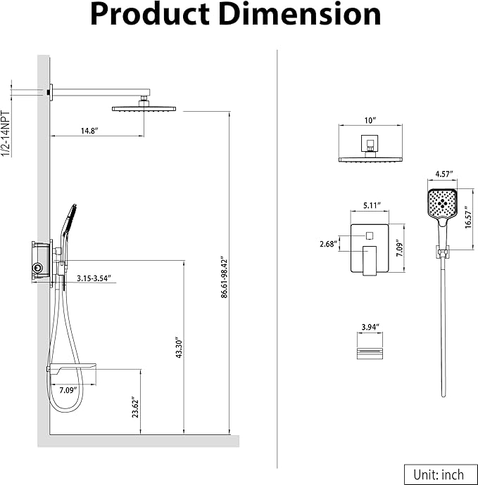Gabrylly Shower System with Tub Spout, Wall Mounted Shower Faucet Set for Bathroom with High Pressure 10" Rain Shower head and 3-Setting Handheld Shower Head Set,Brushed Gold