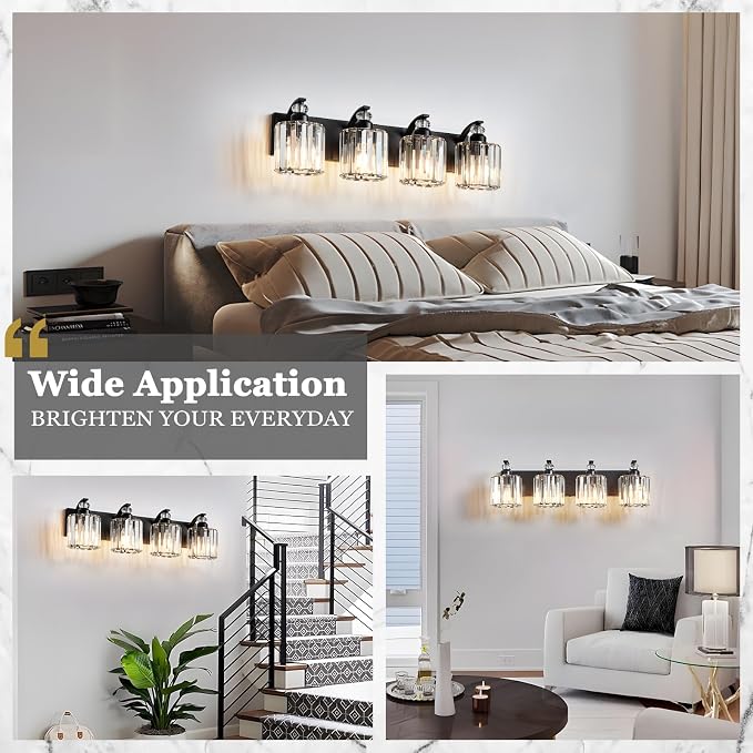 4-Light Black Bathroom Light Fixture Modern Vanity Lights Over Mirror Vintage Wall Sconce Lighting for Bathroom, Bedroom, Living Room, Hallway E26 Base with Crystal Bathroom Vanity Light